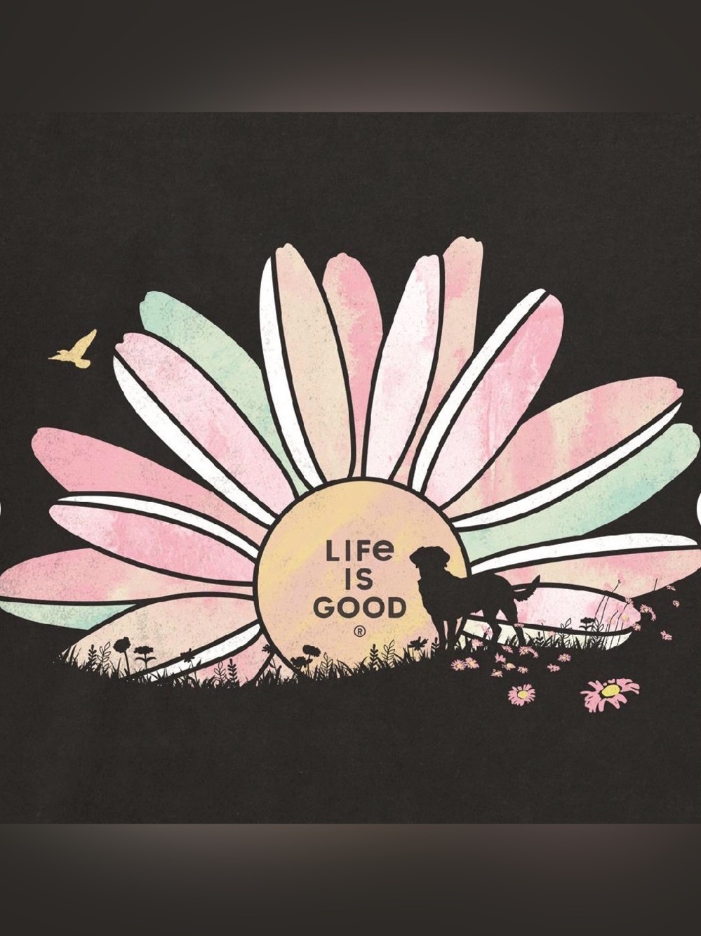 Women's Life is Good Macro Micro Daisy Dog Black Crusher Tee Shirt. Medium